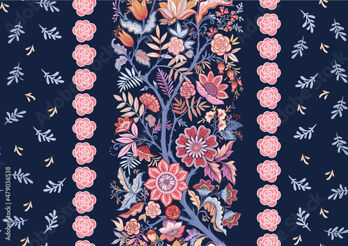 Seamless pattern with stylized ornamental flowers in retro, vintage style. Colored vector illustration on navy blue background.
