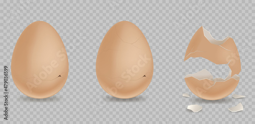 Cracked egg. Cartoon 3d realistic chicken broken eggs with cracks and smithers. Egg realistic Illustration