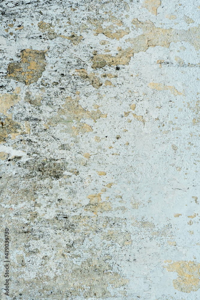Empty background is an old painted concrete wall. The texture of the wall with cracks, lichen and mold. A destroyed building after a cataclysm or tornado. Empty background is an old painted concrete wall. The texture of the wall with cracks, lichen and mold. A destroyed building after a cataclysm or tornado.