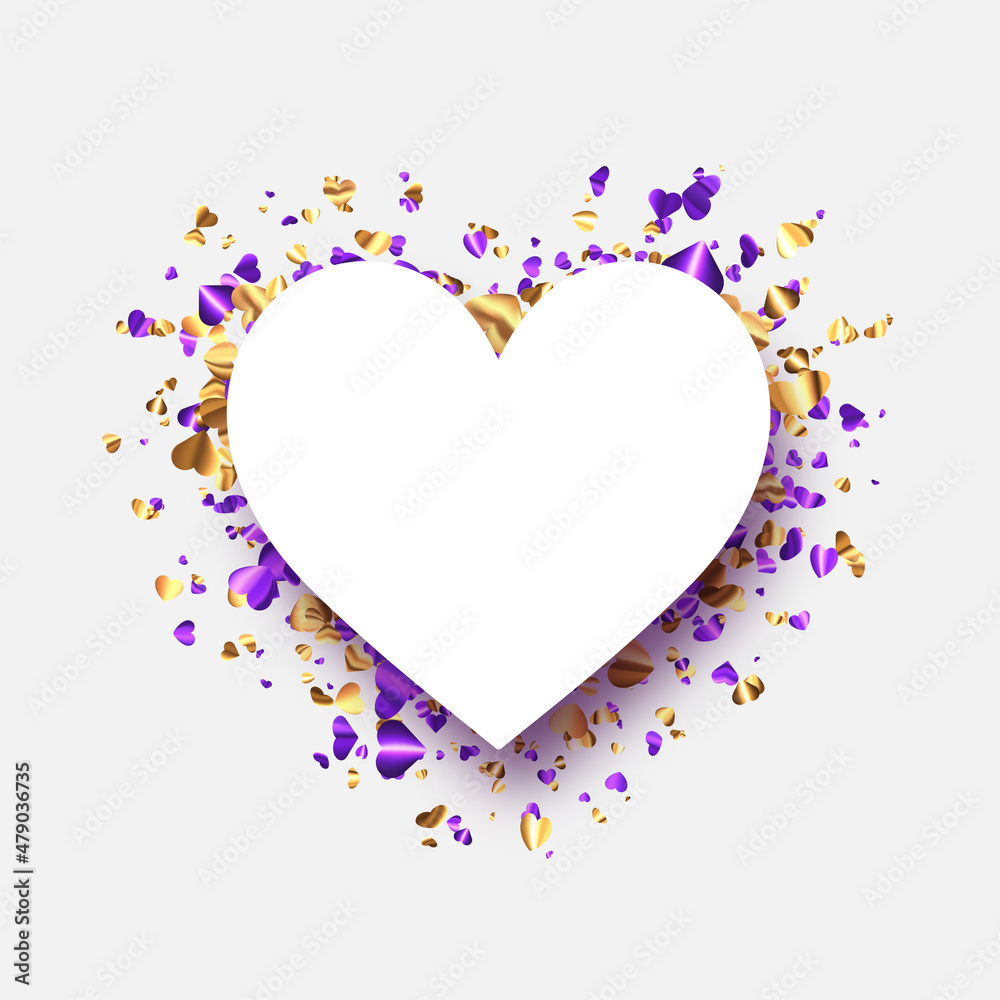 Golden and purple foil hearts confetti heart shape frame with space for text. Golden and purple foil hearts confetti heart shape frame with space for text.