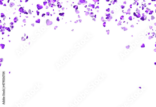 Purple foil hearts confetti on white background.