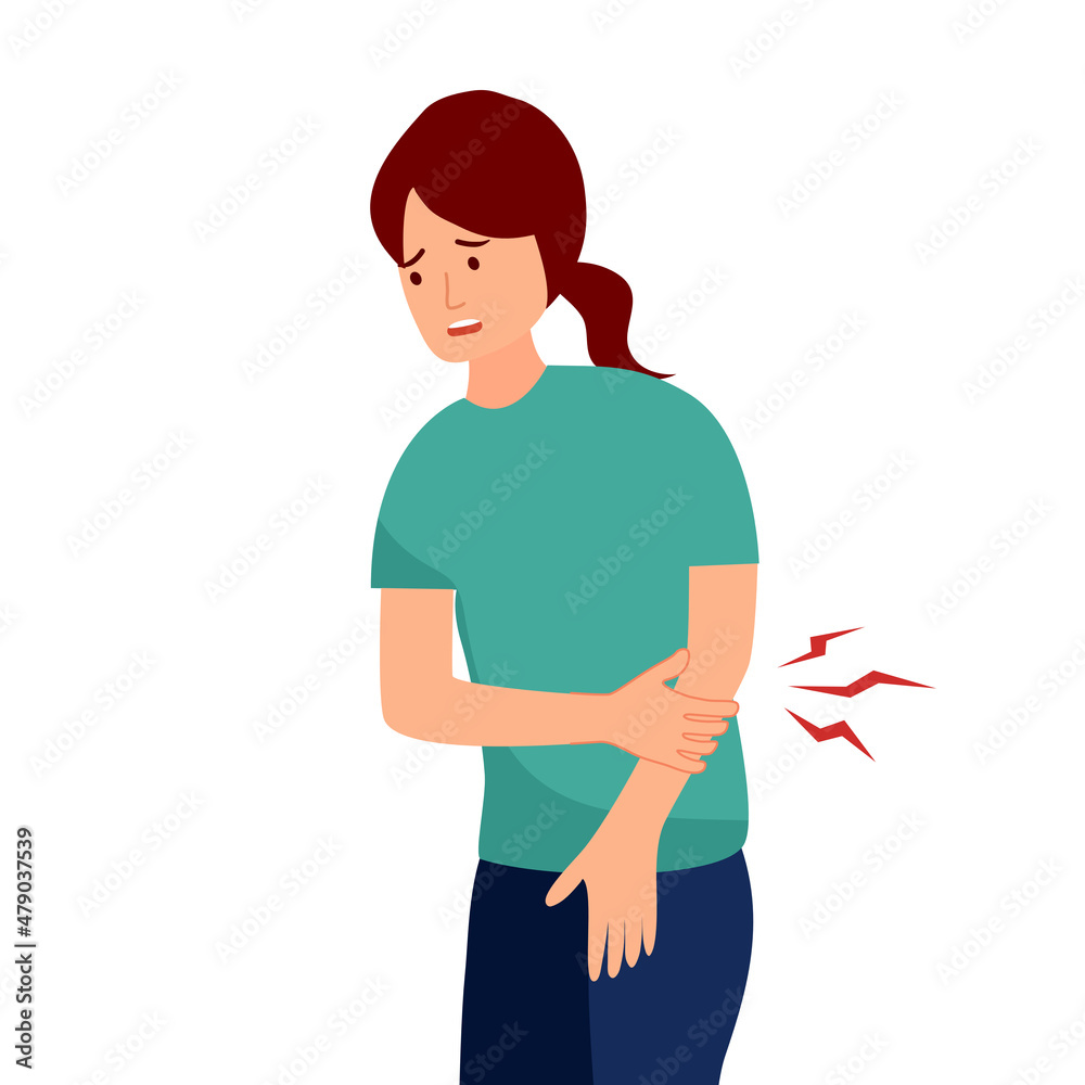 Young woman having arm pain in flat design on white background. Physical injury. Muscle or bone problem.