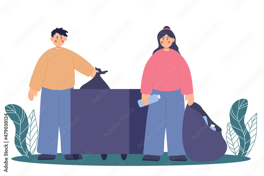 People and garbage. Cleaning city, man woman with bags for waste. Vector illustration EPS10 People and garbage. Cleaning city, man woman with bags for waste. Vector illustration EPS10