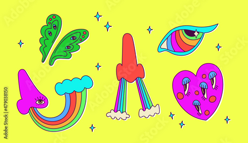 Set of classic psychedelic cartoon elements - nose, rainbow, heart, eyes. Cute vector neon multicolored illustrations for design. Hallucinatory elements, funny and colorful stickers.