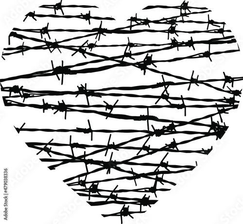 Vector concept design of barb wire heart. Black and white illustration.