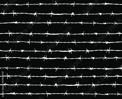 Barbed wire vector seamless pattern of horizontal lines in black and white.