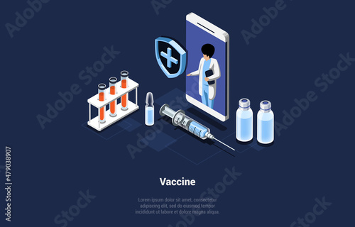 Vector Illustration In Cartoon 3D Style. Isometric Composition On Dark Background With Text And Characters. Vaccine Concept. Healthy Lifestyle Medical Help, Doctor Observe, Protection Of Immune System © Intpro