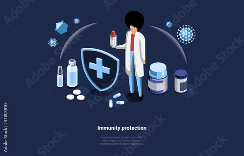 Vector Illustration In Cartoon 3D Style. Isometric Composition On Dark Background With Text And Characters. Immunity Protection Meds Concept. Healthy Life Medical Help, Doctor Observation, Heal Pills