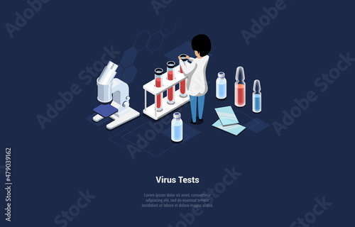 Vector Illustration In Cartoon 3D Style. Isometric Composition On Dark Background With Text And Characters. Virus Tests Concept. Medical Research, Laboratory Worker Looks For Illness Presence Or Cure