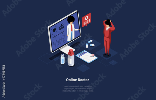 Vector Illustration In Cartoon 3D Style. Isometric Composition On Dark Background With Text And Characters. Online Doctor Concept. Internet Medical Appointment, Web Service, Aid, Help, Consultation