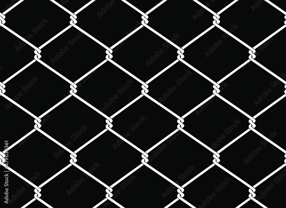 Fototapeta premium Vector seamless pattern of white chain link mesh chicken wire fence protection on black background.
