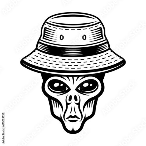 Alien head in bucket hat. Vector illustration in vintage monochrome style isolated on white background
