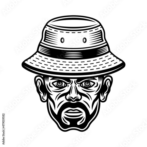 Fisherman in bucket hat with bristle vector character illustration in monochrome vintage style isolated on white background