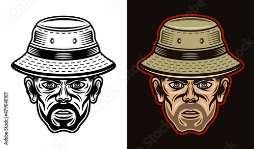 Fisherman in bucket hat with bristle. Vector character illustration in two styles black on white and colorful on dark background