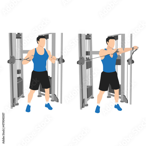 Man doing standing cable chest press exercise, Flat vector illustration isolated on white background. Chest workout