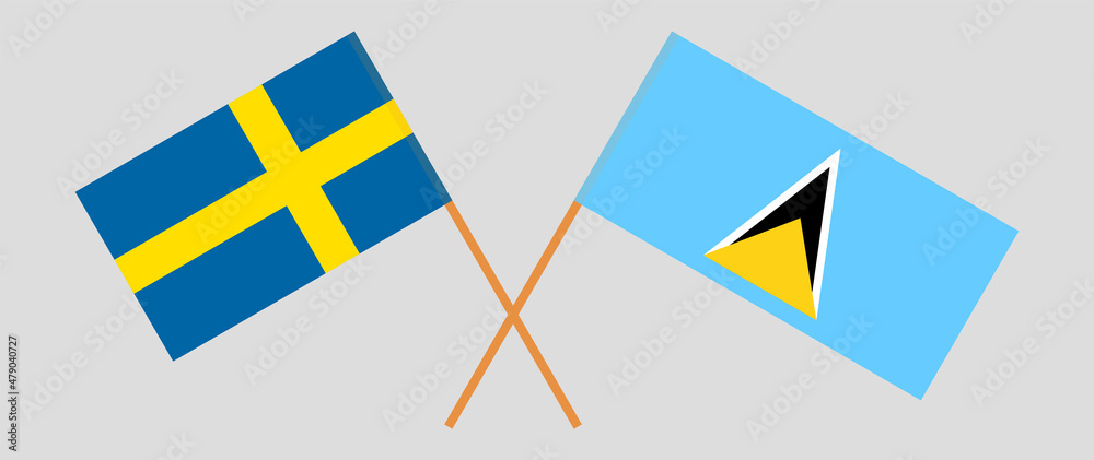 Crossed flags of Sweden and Saint Lucia. Official colors. Correct proportion