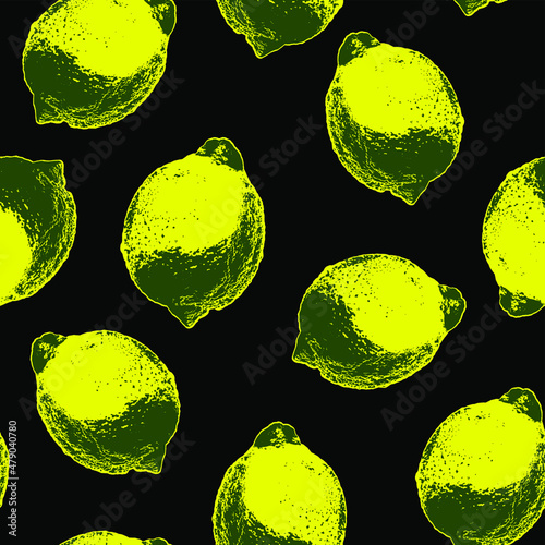 Seamless vector pop art style pattern of yellow lemons randomly distributed on black background. 