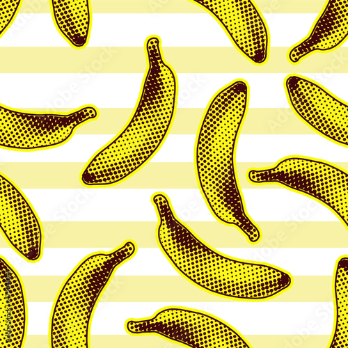 Seamless vector pop art pattern of yellow bananas randomly distributed on white and beige striped background in halftone dot style design.