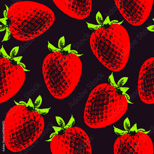 Seamless vector pop art pattern of red strawberries randomly scattered on dark brown background.