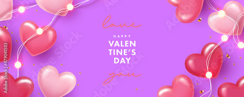 Valentines Day modern design for website banner, Sale, Valentine card, cover, flyer, horizontal poster with frame made of realistic 3d pink red sweet hearts, gold confetti and garland lights on violet