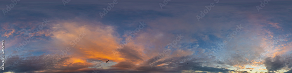 Dark blue sunset sky panorama with pink Cumulus clouds. Seamless hdr 360 pano in spherical equirectangular format. Full zenith for 3D visualization, game, sky replacement in aerial drone panoramas.