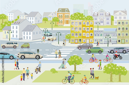 Stadtsilhouette mit Personen auf dem Zebrastreifen und Straßenverkehr, Illustration