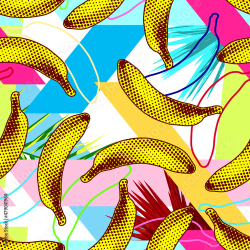 Vector abstract seamless minimalist pattern of geometrical shapes and tropical exotic leaves in psychedelic colors with halftone dot yellow bananas scattered on top.