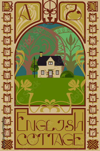 Art Nouveau inspired typeface decorated with English cottage home and whiplash styled vines. This art movement took different names on each country such as Arte nova in Portugal, Jugendstil in Germany