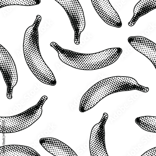 Seamless vector pattern of black and white pop art style halftone dot banana on white background.