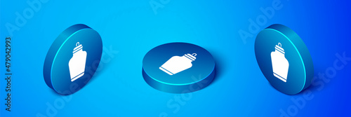 Isometric Funeral urn icon isolated on blue background. Cremation and burial containers, columbarium vases, jars and pots with ashes. Blue circle button. Vector