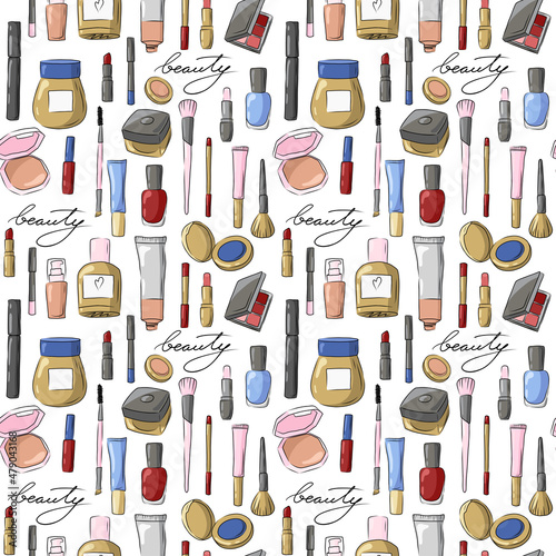 Beauty salon, makeup background seamless pattern. Sketch of cosmetics products, face care beauty tools and equipment. Brushes, lipstick, eye pencil, powder palette hand drawn illustration