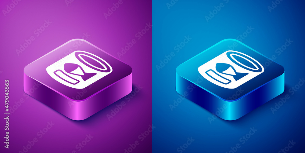Isometric Canned fish icon isolated on blue and purple background. Square button. Vector Isometric Canned fish icon isolated on blue and purple background. Square button. Vector