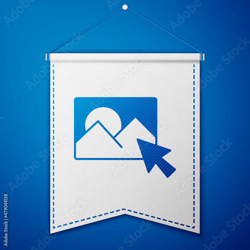 Blue Photo retouching icon isolated on blue background. Photographer, photography, retouch icon. White pennant template. Vector