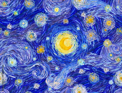 Glowing moon on a blue sky abstract background. Seamless vector pattern in the style of impressionist paintings.