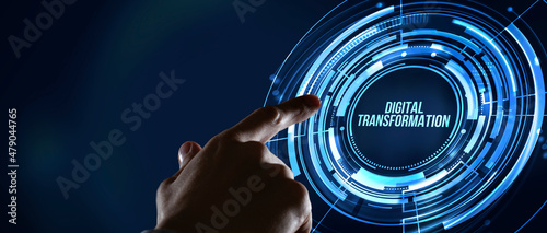 Internet, business, Technology and network concept.Concept of digitization of business processes and modern technology. Digital transformation. Virtual button.