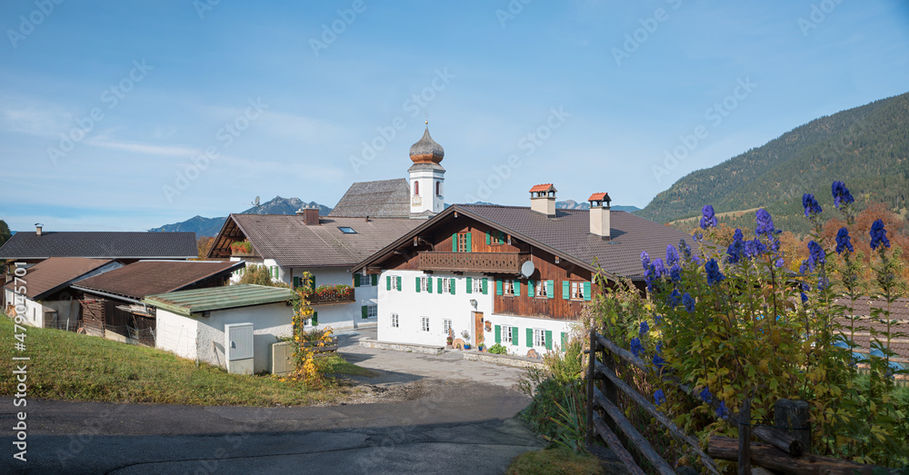 alpine village Wamberg, near Garmisch in autumnal landscape