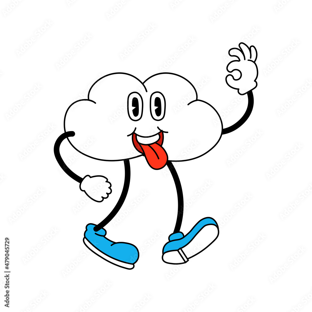 Funny cloud with face. Trendy retro cartoon stickers. Сomic character with gloved hands and boots. Funny cloud with face. Trendy retro cartoon stickers. Сomic character with gloved hands and boots.