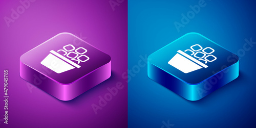 Isometric Ice bucket filled with ice cubes icon isolated on blue and purple background. Square button. Vector
