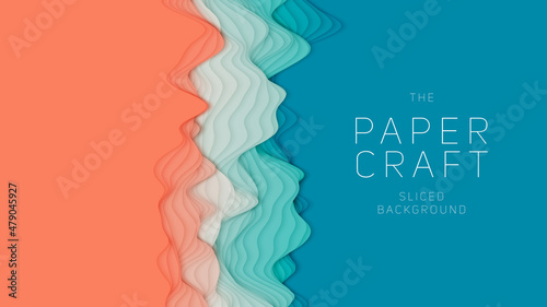 Orange to green paper layers. 3D abstract gradient papercut. Colorful origami shape concept