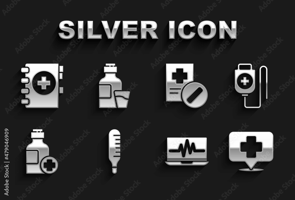 Set Medical thermometer, IV bag, Map pointer with cross hospital, Laptop cardiogram, Bottle of medicine syrup, prescription, clipboard and icon. Vector Set Medical thermometer, IV bag, Map pointer with cross hospital, Laptop cardiogram, Bottle of medicine syrup, prescription, clipboard and icon. Vector