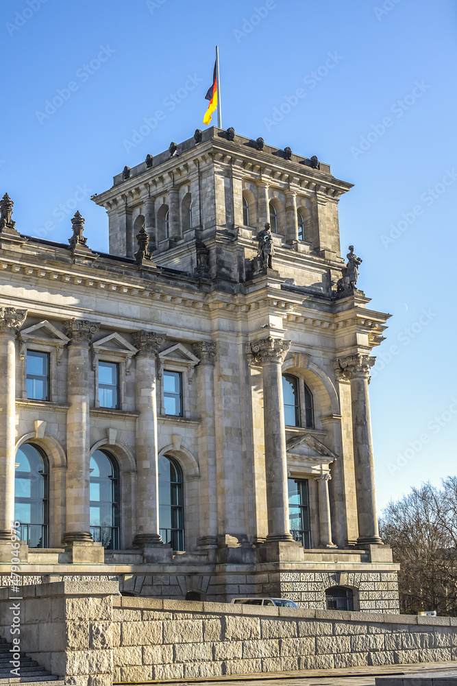 Fragments of the Reichstag building - Headquarter of the German Parliament (Deutscher Bundestag) in Berlin, Germany.