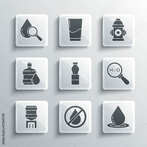 Set Water drop forbidden, Chemical formula H2O, Bottle of water, cooler, Big bottle with clean, Drop and magnifying glass and Fire hydrant icon. Vector
