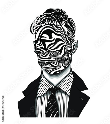 Hand drawn portrait of a strange handsome man with anonymous face of liquefied striped twirls. Head in modern and surreal tattoo art. Isolated vector illustration.