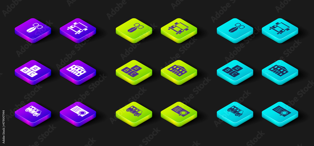 Set School Bus, Certificate template, ABC blocks, building, and Scissors icon. Vector Set School Bus, Certificate template, ABC blocks, building, and Scissors icon. Vector