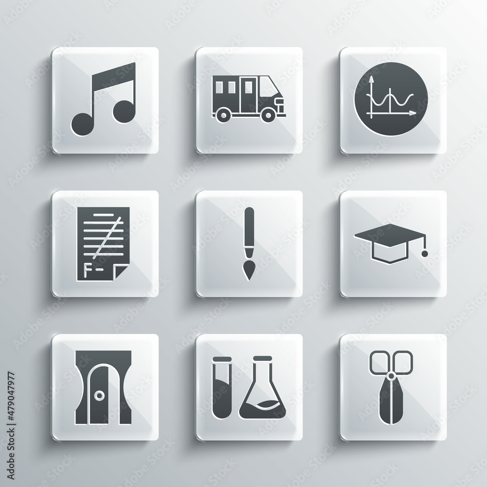 Set Test tube and flask, Scissors, Graduation cap, Paint brush, Pencil sharpener, Exam paper with incorrect answers, Music note, tone and Graph, schedule, chart, diagram icon. Vector Set Test tube and flask, Scissors, Graduation cap, Paint brush, Pencil sharpener, Exam paper with incorrect answers, Music note, tone and Graph, schedule, chart, diagram icon. Vector