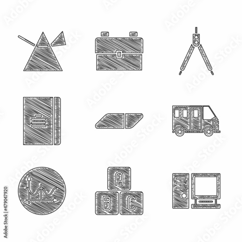 Set Eraser or rubber, ABC blocks, Computer monitor, School Bus, Graph, schedule, chart, diagram, Spiral notebook, Drawing compass and Light rays prism icon. Vector