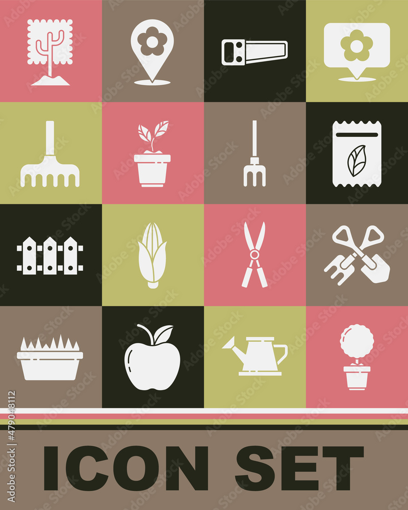 Set Flower in pot, Shovel and rake, Pack full of seeds of plant, Hand saw, Plant, Garden, Tree and icon. Vector Set Flower in pot, Shovel and rake, Pack full of seeds of plant, Hand saw, Plant, Garden, Tree and icon. Vector