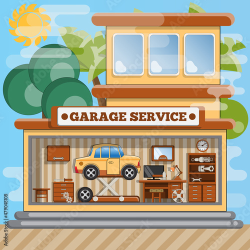 Garage service. Interior. Vector illustration.