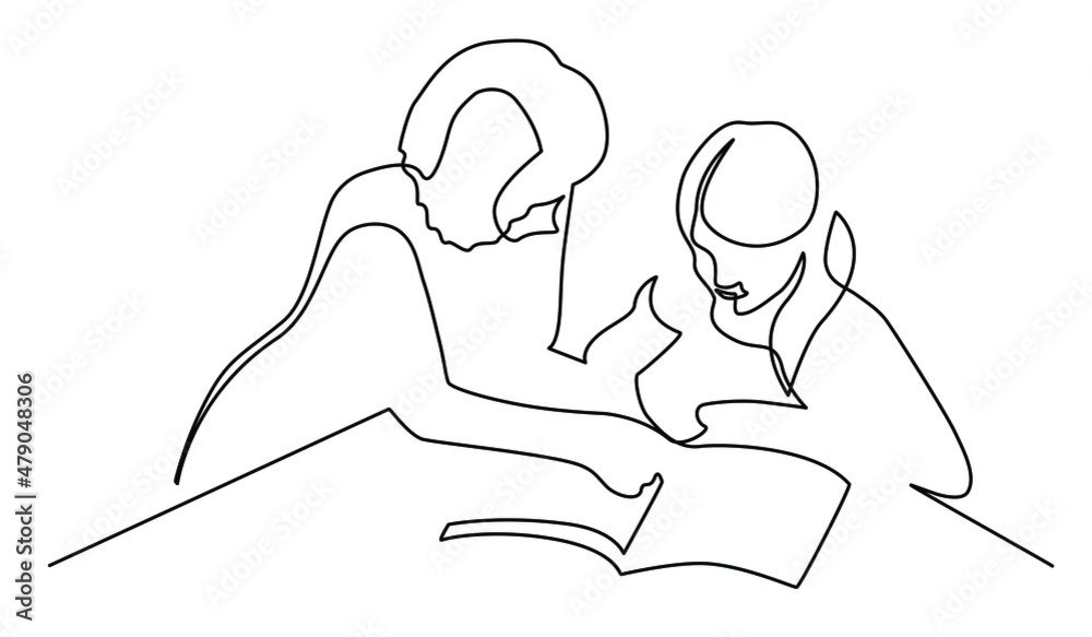 Mom teaches daughter at the table with a book. Isolated illustration on a white background. Hand-drawn vector image. Home education, tutor, one-to-one lessons, homework help Mom teaches daughter at the table with a book. Isolated illustration on a white background. Hand-drawn vector image. Home education, tutor, one-to-one lessons, homework help