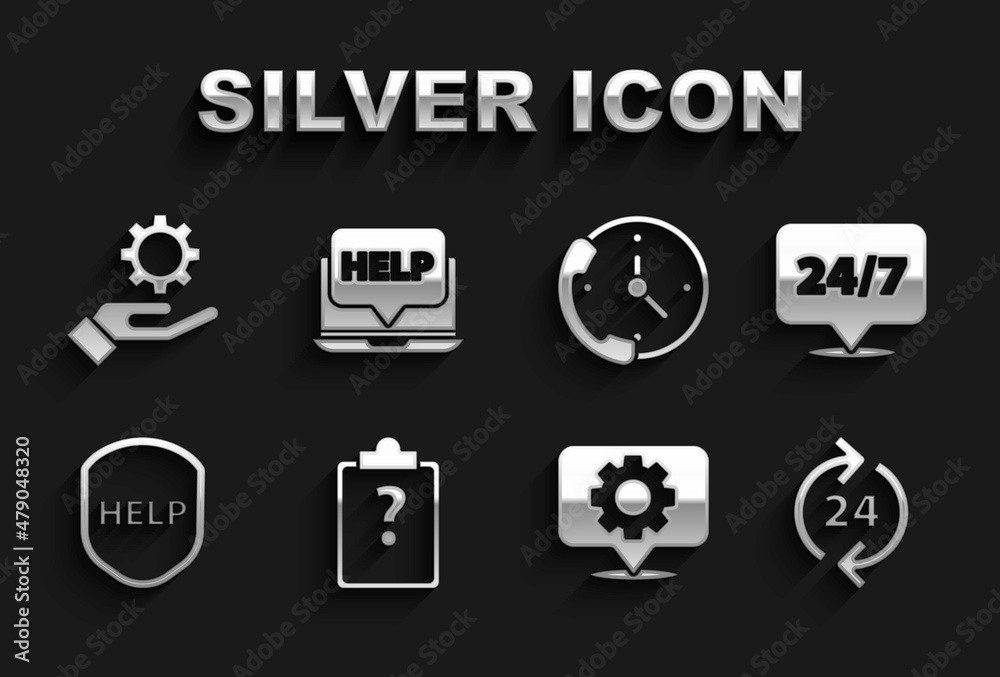 Set Clipboard with question marks, Clock 24 hours, Telephone support, Location gear, Shield text Help, Settings in the hand and Laptop help icon. Vector Set Clipboard with question marks, Clock 24 hours, Telephone support, Location gear, Shield text Help, Settings in the hand and Laptop help icon. Vector